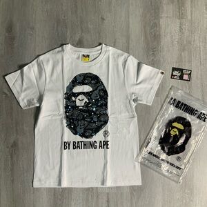 Bape White Tee with Black Camo Ape Head and Small Green Accents
